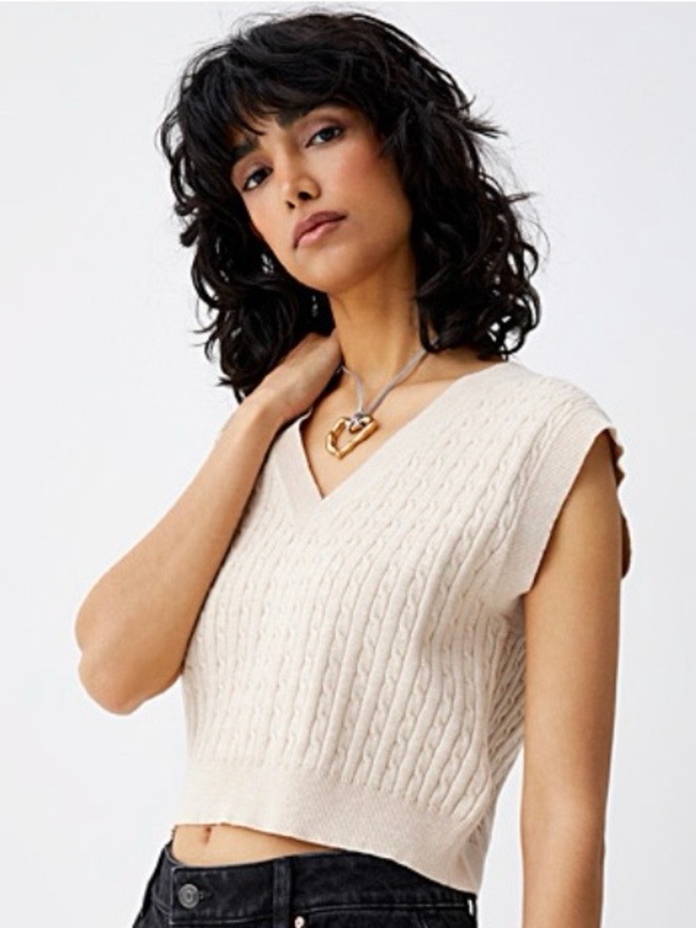 Cable Knit V-Neck Sleeveless Sweater Vest - Beige - Twik